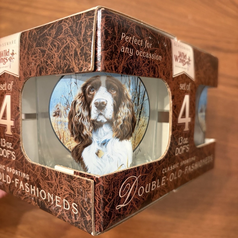 Wild Wings Hunting Dog Double Old-Fashioned Glasses Set 4 Springer Spaniel 13oz